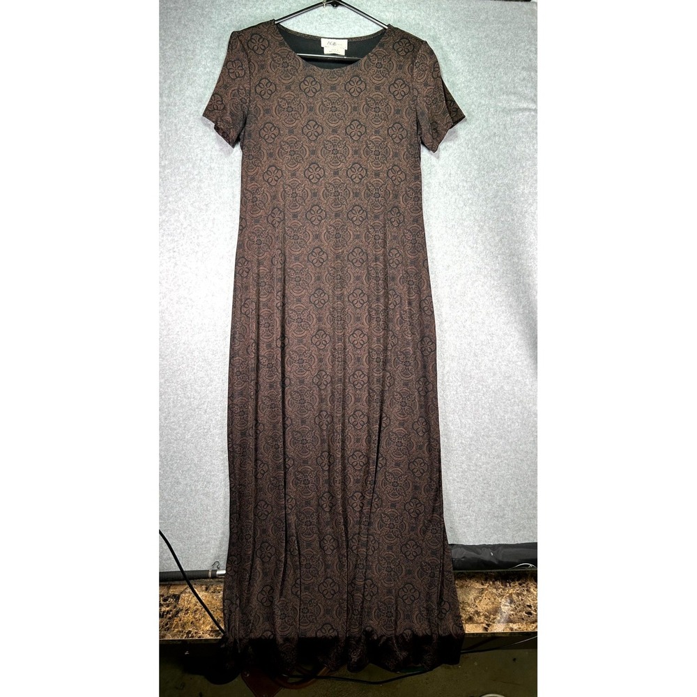 AGB by Byer California Maxi Dress Womens 8 Brown Black Floral Print Short Sleeve